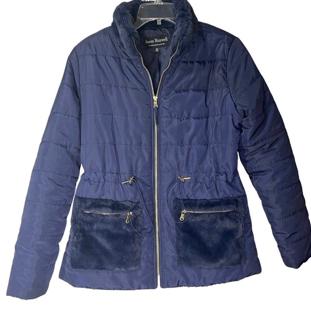 JASON MAXWELL Outerwear Collection Puffer Jacket Faux Fur Neck and Pockets Navy